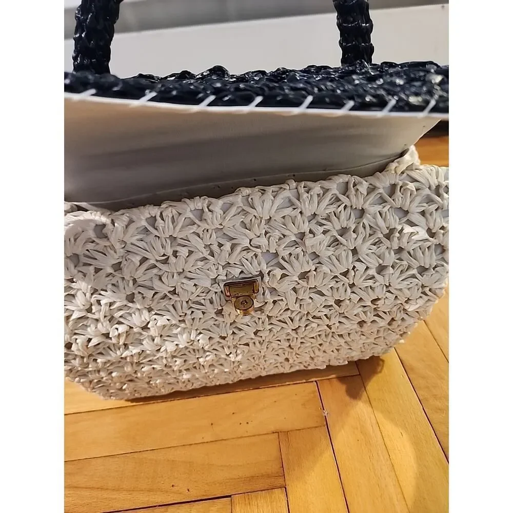 READVintage Woven Straw Clutch Bag Purse Black White Raffia Simon Made In Japan